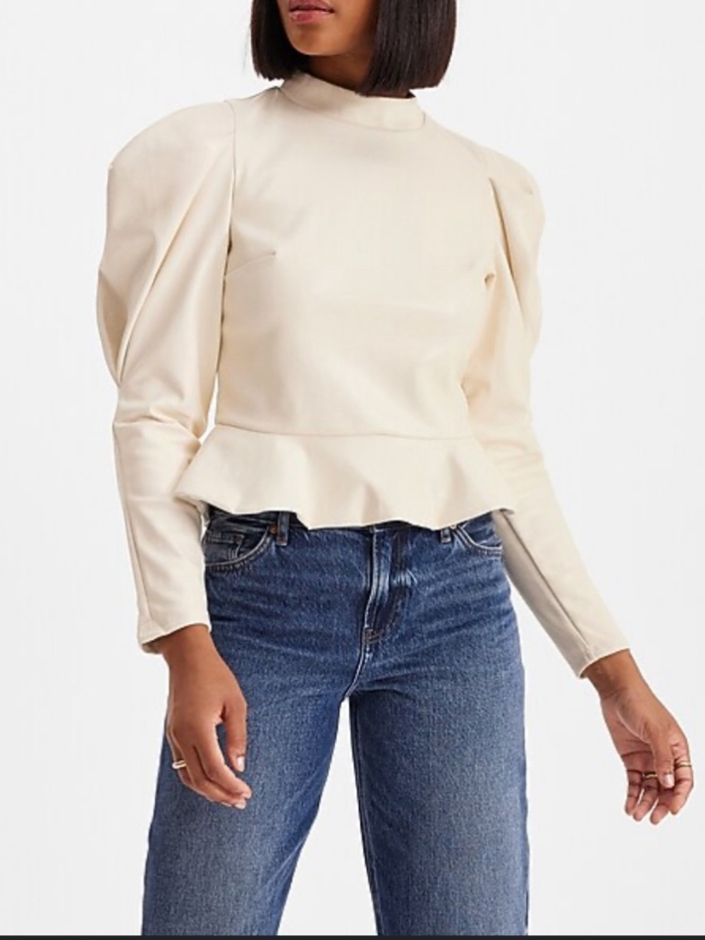 Express Cream Faux Leather Mock Neck Peplum Top with Puff Sleeves
